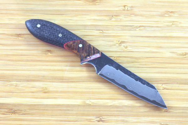 197mm Wharncliffe Brute Neck Knife, Damascus, Carbon Fiber / Burl - 99grams