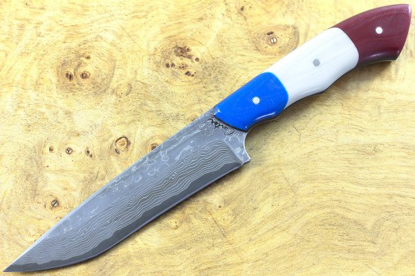 247mm FS1 Freestyle Knife #33, Damascus, Blue, White, & Red G10 - 173 grams