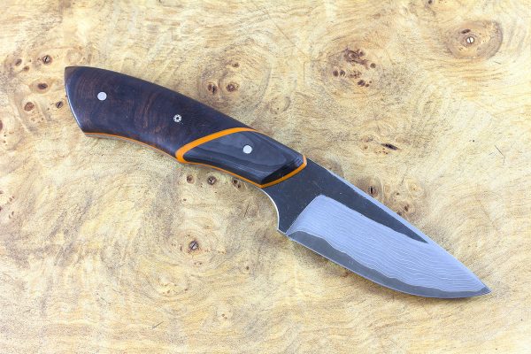 195mm Kajiki Neck Knife, Damascus, Ironwood w/ F40 Carbon Fiber Bolster - 127 grams
