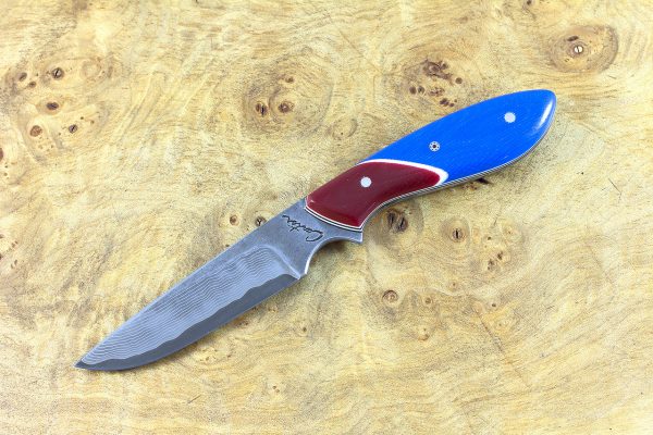 179mm Original Neck Knife, Damascus, Blue G10 w/ Red G10 Bolster - 84 grams