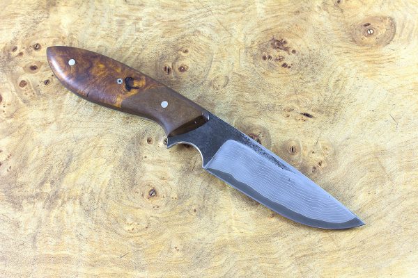 188mm Perfect Neck Knife, Damascus, Ironwood w/ Brown Paper Micarta Bolster - 99 grams