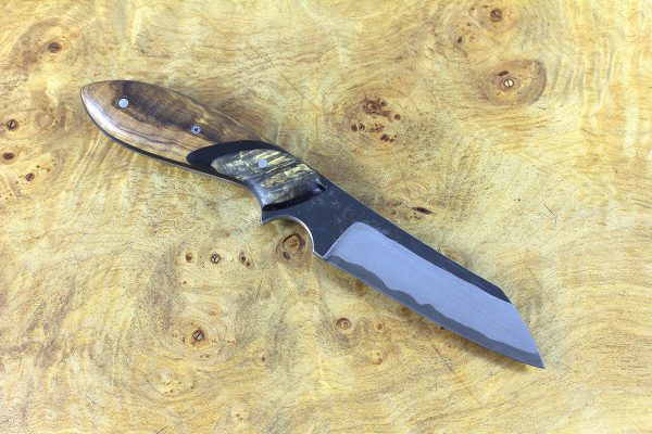 189mm Wharncliffe Brute Neck Knife, Damascus, Olive Wood w/ Buckeye Bolster - 96 grams