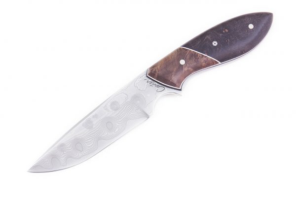 187 mm Perfect Neck Knife, Damascus, Dyed Maple Burl w/ Maple Burl Bolster - 95 grams
