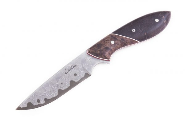 176 mm Original Neck Knife, Damascus, Dyed Maple Burl w/ Maple Burl Bolster - 75 grams