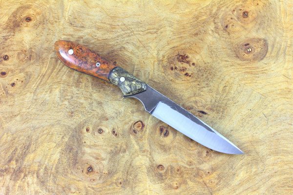 156mm Emily's Neck Knife, Hammer Finish, Dyed Orange Maple Burl w/ Buckeye Bolster - 44 grams