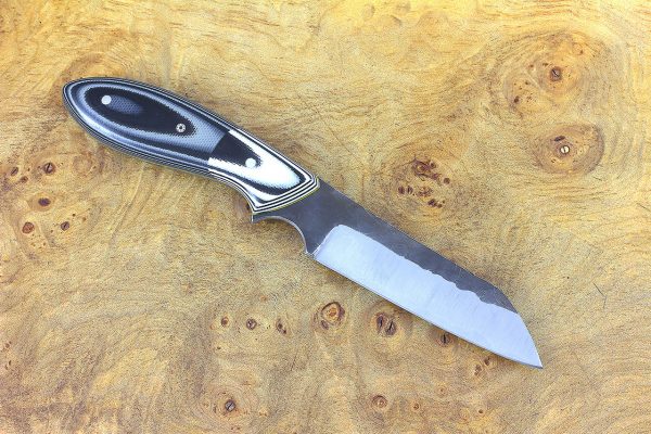 188mm Wharncliffe Brute Neck Knife, Hammer Finish, Tan/Black G10 w/ White/Black G10 Bolster - 100 grams