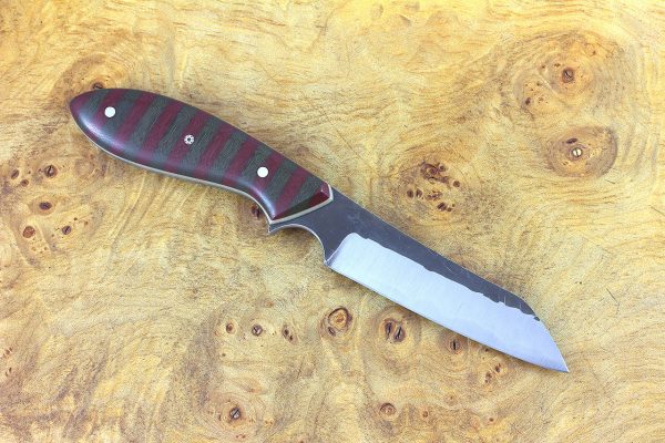 188mm Wharncliffe Brute 'Krueger' Neck Knife, Hammer Beaten Finish, Green & Red Sweater w/ Flesh Liners - 92 grams