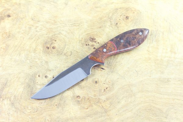 177mm Freestyle Clip Point Neck Knife, Forge Finish, Redwood Burl with Dyed Orange Maple Burl Bolster w/ Red Liners - 68 GRAMS