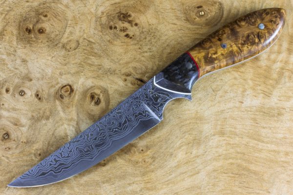 198mm Persian Neck Knife, Damascus, Stabilized Burl / Carbon Fiber - 79grams