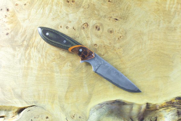 173mm Original Neck Knife, Damascus, Black and Green Canvas Micarta w/ Ironwood Bolster - 68 grams