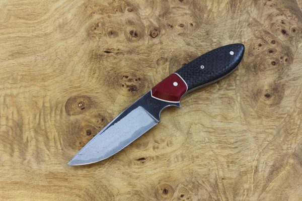 191mm Perfect Model Neck Knife, Wrought Iron, Red Micarta / Carbon Fiber -98grams