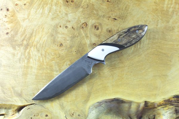 194mm Perfect Neck Knife, Damascus, Spalted Maple w/ White G10 Bolster - 104 grams