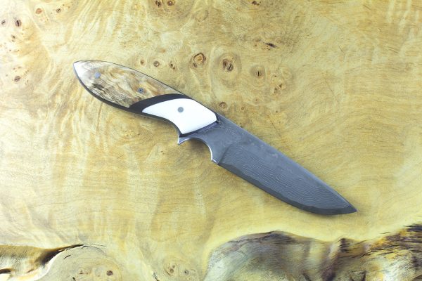 194mm Perfect Neck Knife, Damascus, Spalted Maple w/ White G10 Bolster - 104 grams