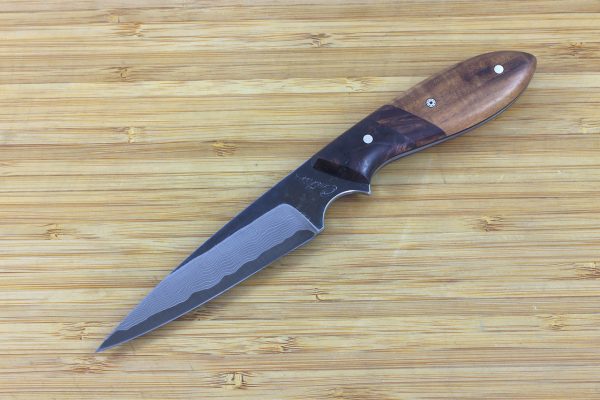 193mm 'Pointy' Wharncliffe Brute Neck Knife, Damascus, Mixed Hardwood - 81grams