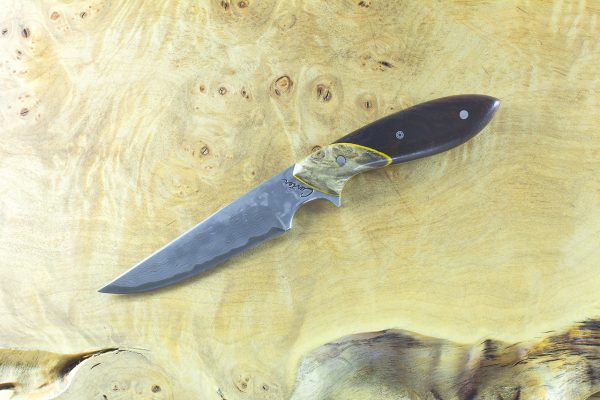 188mm "Pointy" Original Neck Knife, Damascus, Ironwood w/ Buckeye Bolster - 71 grams