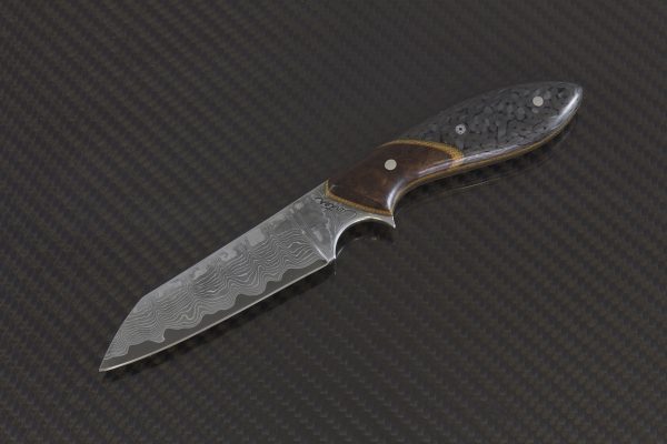 182mm Wharncliffe Brute Neck Knife, Damascus, Carbon Fiber w/ Ironwood Burl Bolster - 81 Grams