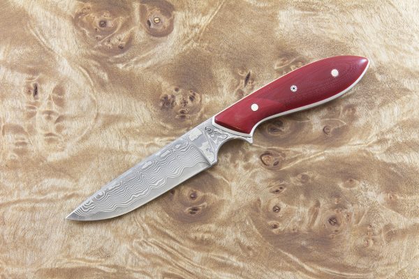 173 mm Original Neck Knife, Damascus, Red G10 w/ Red Linen Micarta Bolster - 69 grams