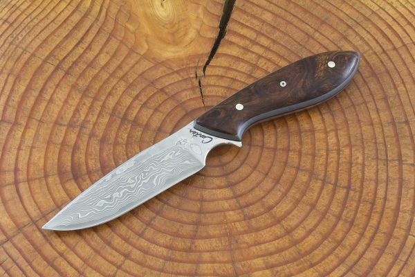 187 mm Vex Clip Neck Knife, Damascus, Ironwood Burl - 91 grams