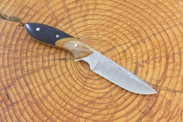 176 mm Vex Clip Neck Knife, Damascus, Black Paper Micarta w/ Maple Bolster - 70 grams