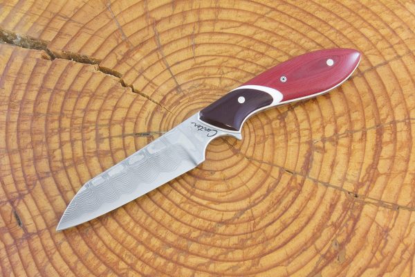 183 mm Wharncliffe Brute Neck Knife, Damascus, Red Linen Micarta w/ Double Red Canvas Micarta Bolster - 81 grams