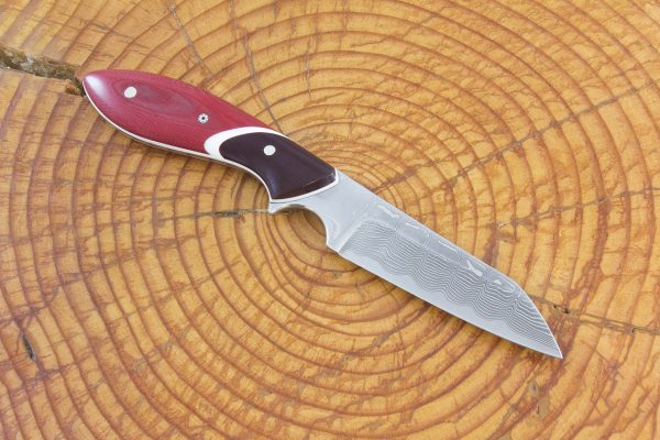 183 mm Wharncliffe Brute Neck Knife, Damascus, Red Linen Micarta w/ Double Red Canvas Micarta Bolster - 81 grams