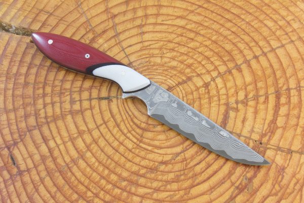 194 mm Long & Slim Original Neck Knife, Damascus, Red G10 with Grey G10 Bolster - 80 grams
