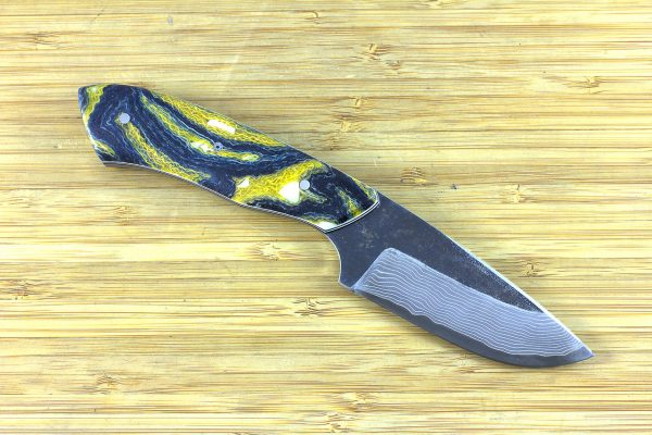 192mm Kajiki Neck Knife, Damascus, Shadetree 'Starry Night' Burlap Composite w/ Embedded Glow Resin - 131 grams