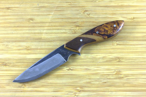 187mm Perfect Neck Knife, Damascus, Ironwood Burl w/ Brown Paper Micarta Bolster - 92 grams