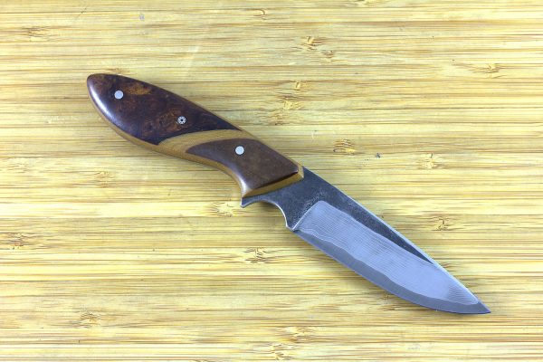 187mm Perfect Neck Knife, Damascus, Ironwood Burl w/ Brown Paper Micarta Bolster - 92 grams