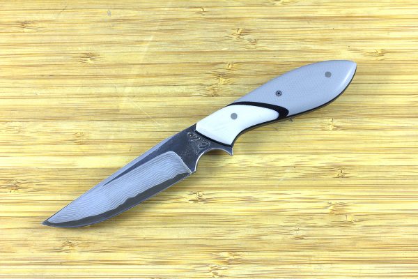 182mm Tombo Neck Knife, Damascus, Gray G10 w/ White G10 Bolster - 88 grams