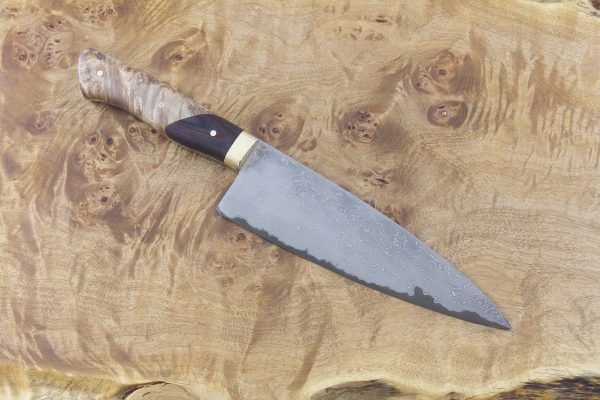 5.8 sun International Pro Gyuto, Damascus, Spalted Maple and Black/Red G10 w/ Brass Bolster - 176 grams
