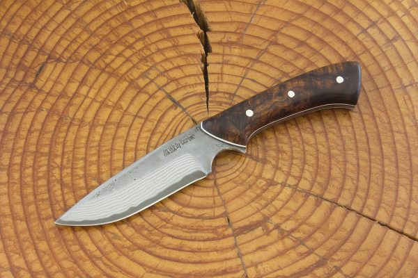 186 mm Muteki Series Freestyle Neck Knife #691, Blue Steel w/ Damascus, Ironwood w/ Black and White Liners - 90 grams