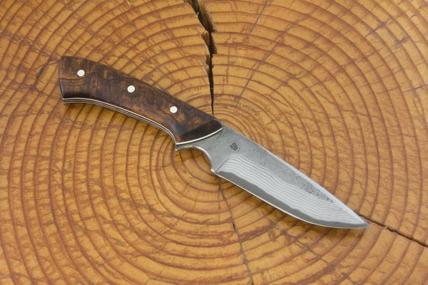 186 mm Muteki Series Freestyle Neck Knife #691, Blue Steel w/ Damascus, Ironwood w/ Black and White Liners - 90 grams