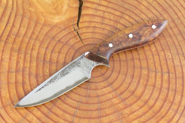 171 mm Muteki Series Original Neck Knife #1008, Blue Steel w/ Damascus, Ironwood w/ Red Liners - 66 grams