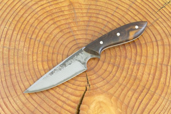 185 mm Muteki Series Pointy Original Neck Knife #998, Blue Steel w/ Damascus, Ironwood w/ White Liners - 79 grams