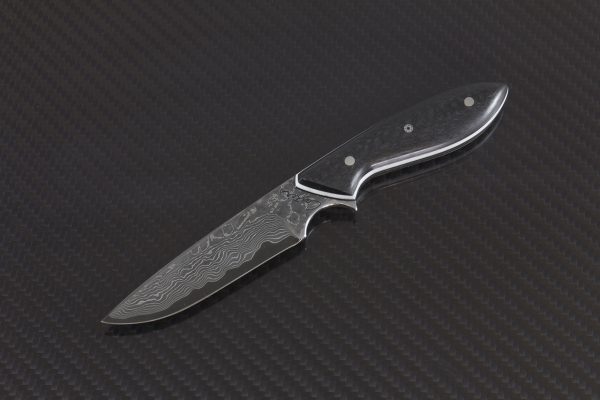 170mm Original Neck Knife, Damascus, Carbon Fiber and White G10 - 65 Grams