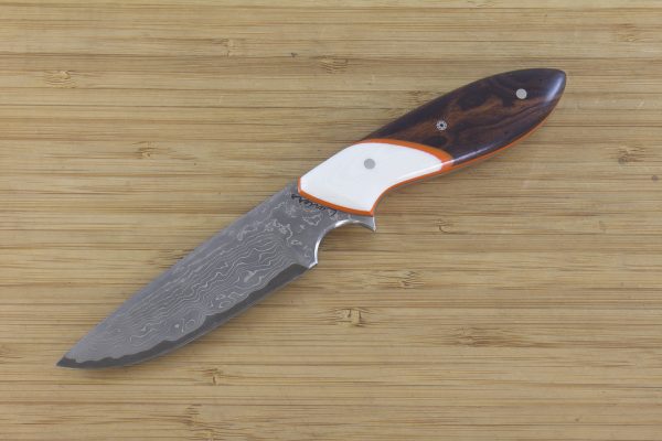 189mm Perfect Neck Knife, Damascus, Ironwood w/ White G10 Bolster - 90 grams