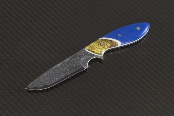 174mm Vex Clip Junior Neck Knife, Damascus, Blue G10 w/ Dyed Maple Bolster - 80 Grams